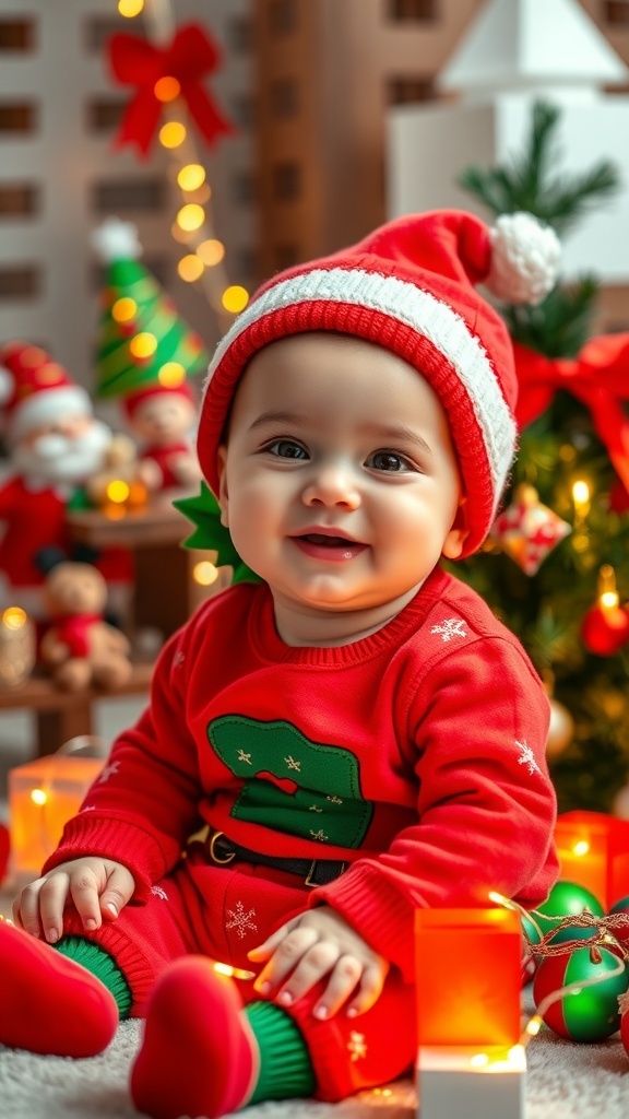 A smiling 9-month-old baby in a Christmas outfit surrounded by decorations and lights.